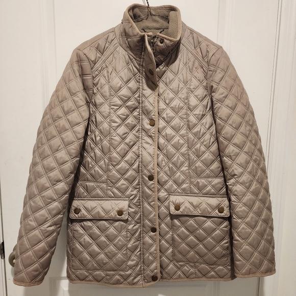 Lucky Brand Taupe Quilted Lined Bomber Coat Women's Medium M Sqaure Pockets EUC
